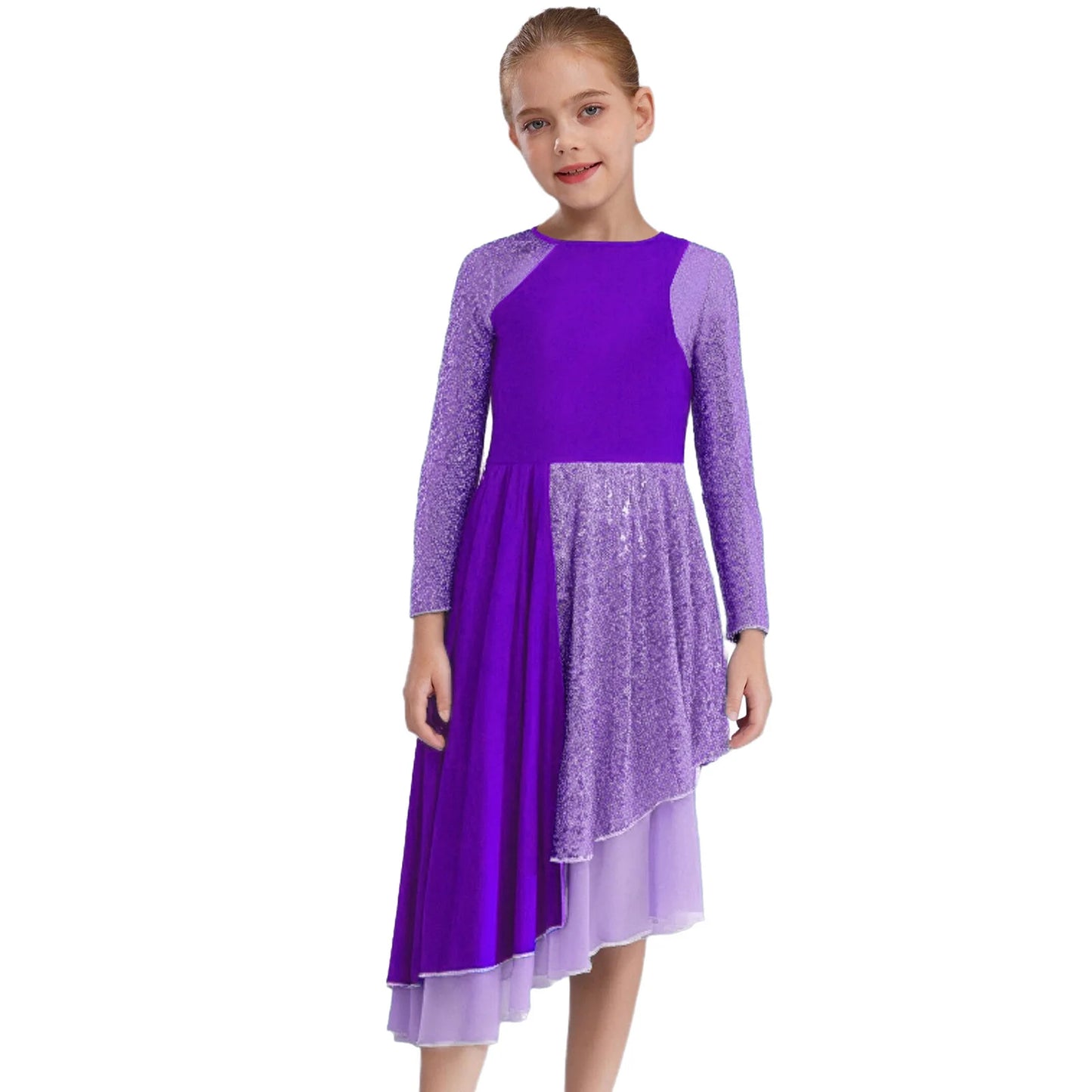 Vibrant Two-Tone Dance Dress with Sheer Lace Sleeves – Asymmetric Pink & Purple Gowns for Stage, Ballroom, and Showcases