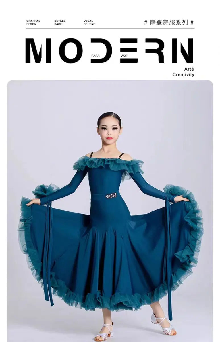 Customized Modern Dance Dress for Girls Kid's National Standard Dance Waltz Professional Competition Regulations Practice Skirt