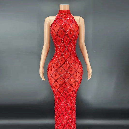 Customized Red Background Red Diamond Dress Nightclub Bar Female Singer DJDSgogo Performance Costume Stage Dress for Women