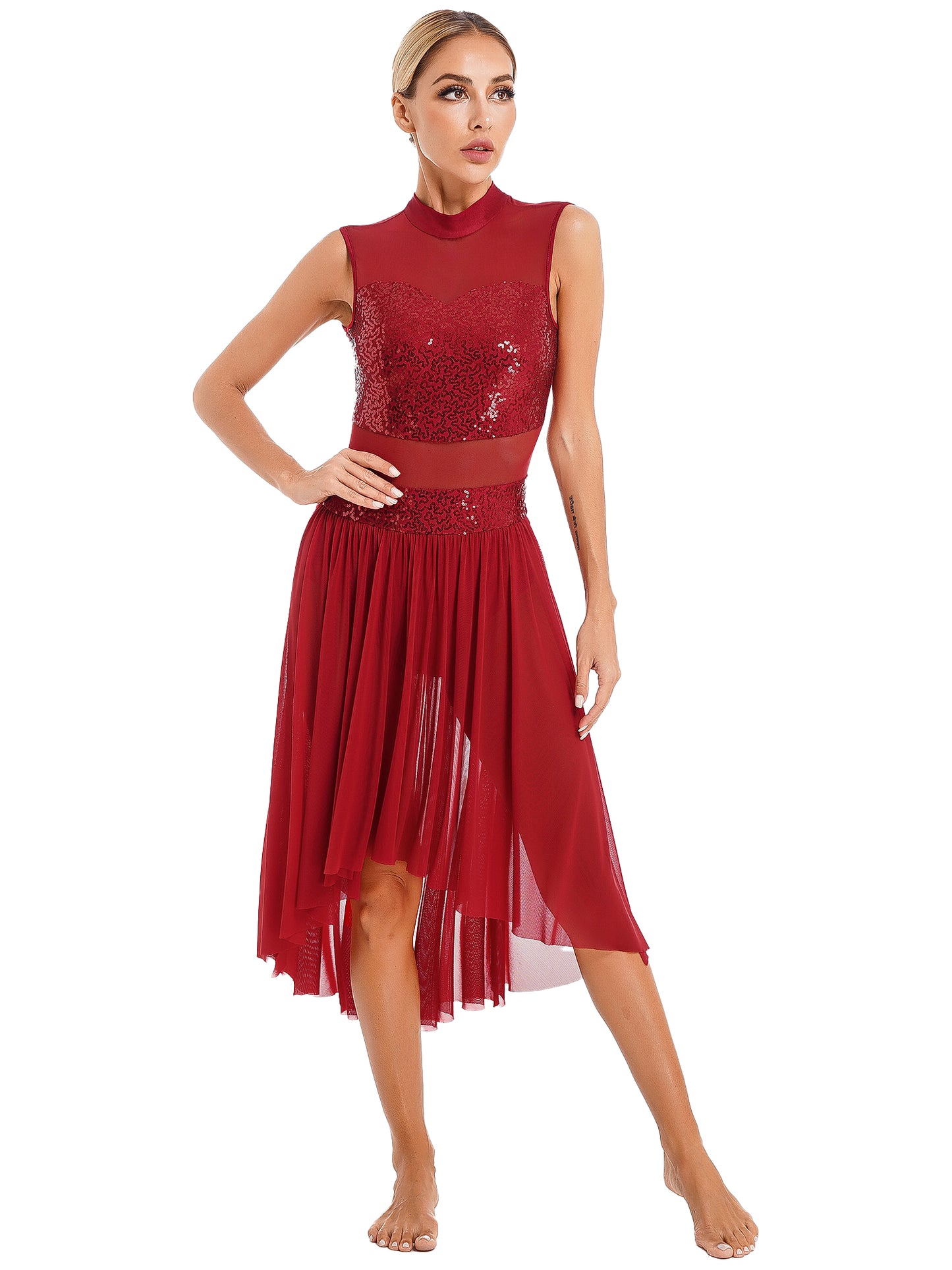 Navy Blue Sequin Bodice with Sheer Mesh Skirt – Dance Dress with Criss-Cross Back, Ballroom & Party Gown