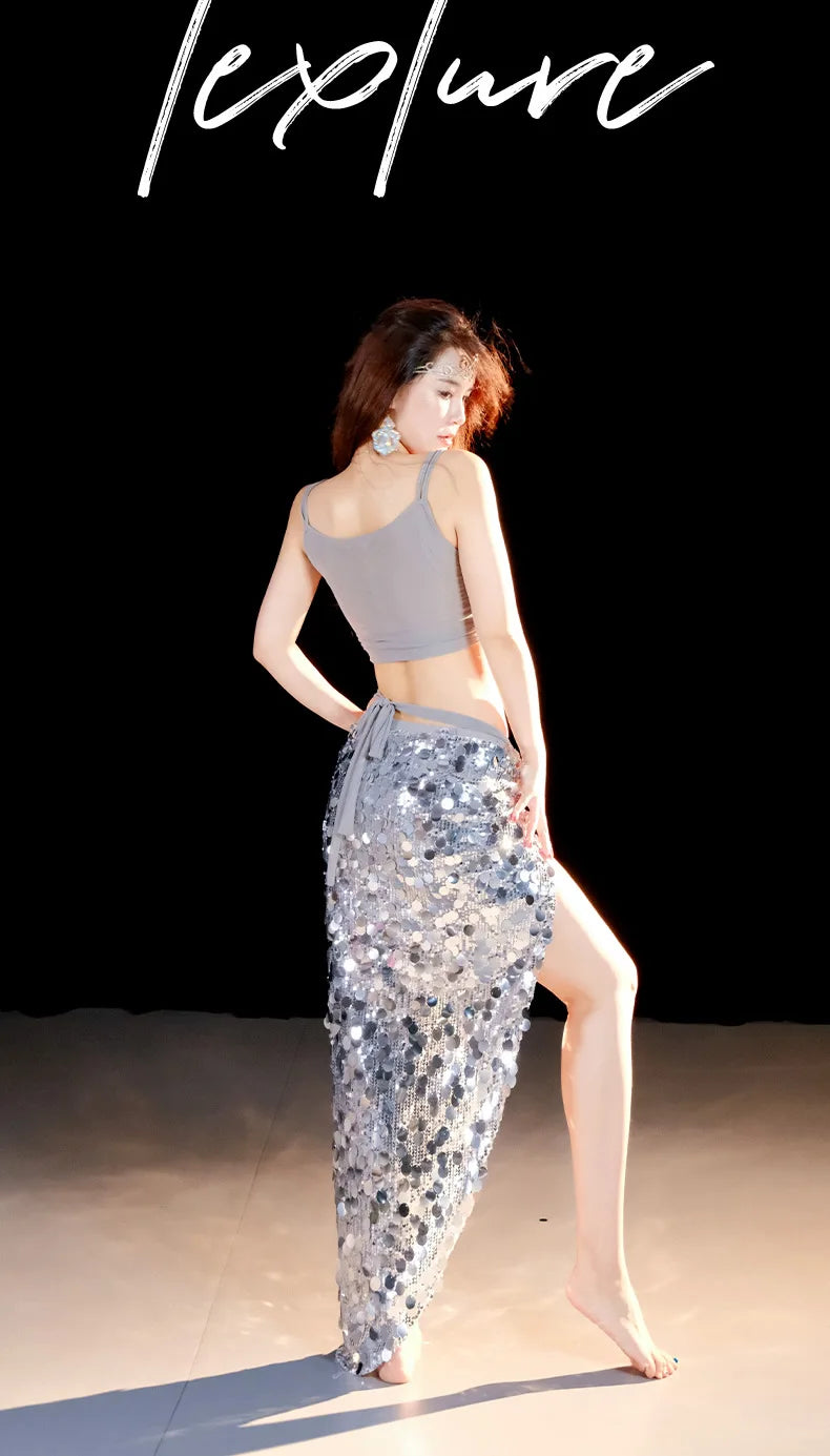 Emerald Green Sequin Skirt with Matching Crop Top – Sparkling Dance Dress, Stage Performance Gown, Ethereal Evening Ensemble