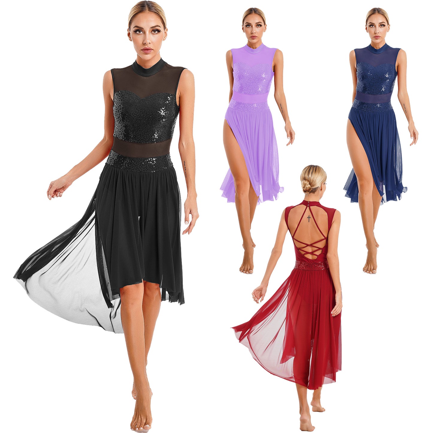 Navy Blue Sequin Bodice with Sheer Mesh Skirt – Dance Dress with Criss-Cross Back, Ballroom & Party Gown