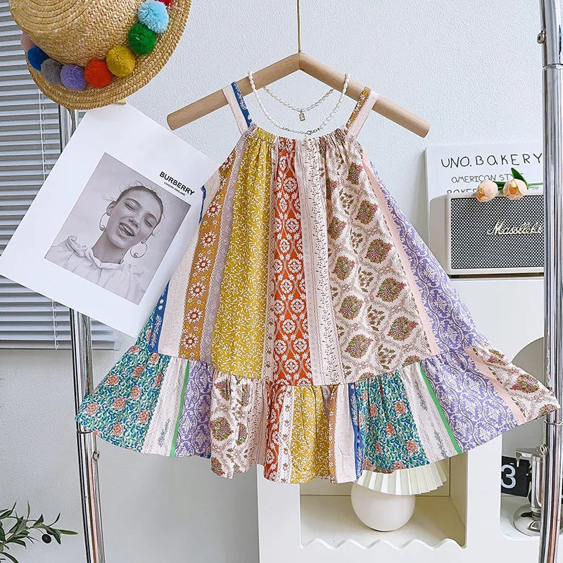 Girls Casual Dresses Vintage Print Sleeveless Halter Dress Kids Clothes Girls Flower Girl Dresses for Weddings for 2 To 7 Years