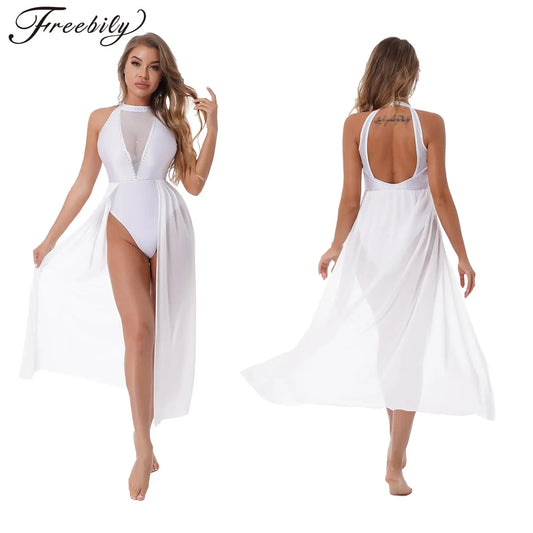 Elegant White Halter Bodysuit with Sheer Mesh Insert and Flowing Cape – Bridal Couture, Resort Wear, Photogenic Runway Gown