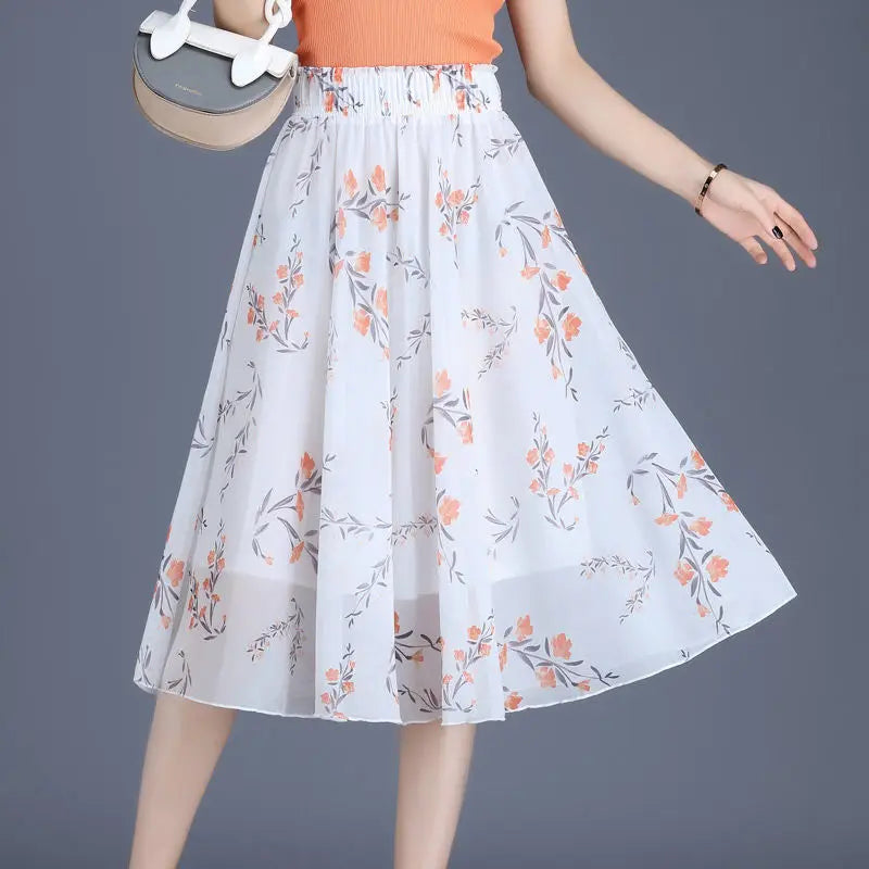 Skirts for Women Chiffon Woman Skirt Floral Midi Summer Casual New In Clothing Sales Modest Luxury Elegant High Quality V Cheap
