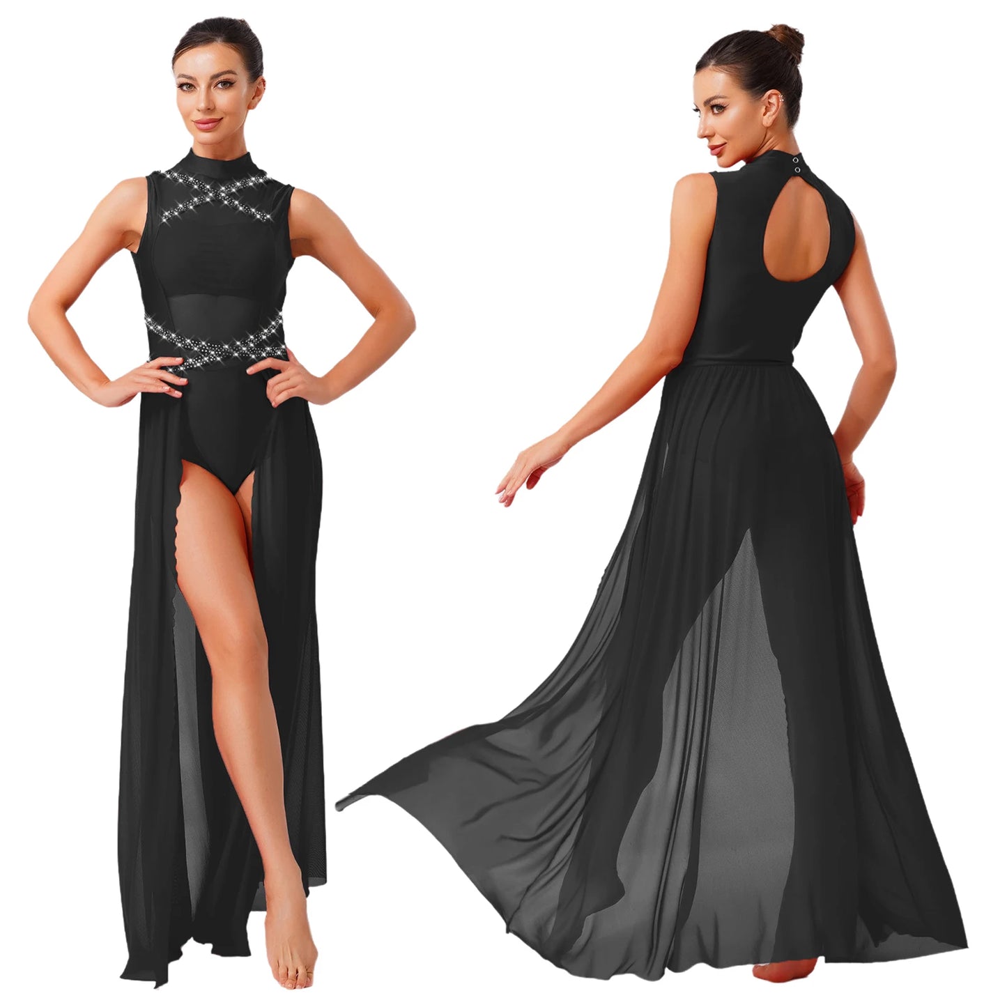 Womens Ballet Lyrical Dance Costumes Sequin Mesh Tulle Flowy Maxi Long Dress Built-In Briefs Morden Contemporary Dancewear