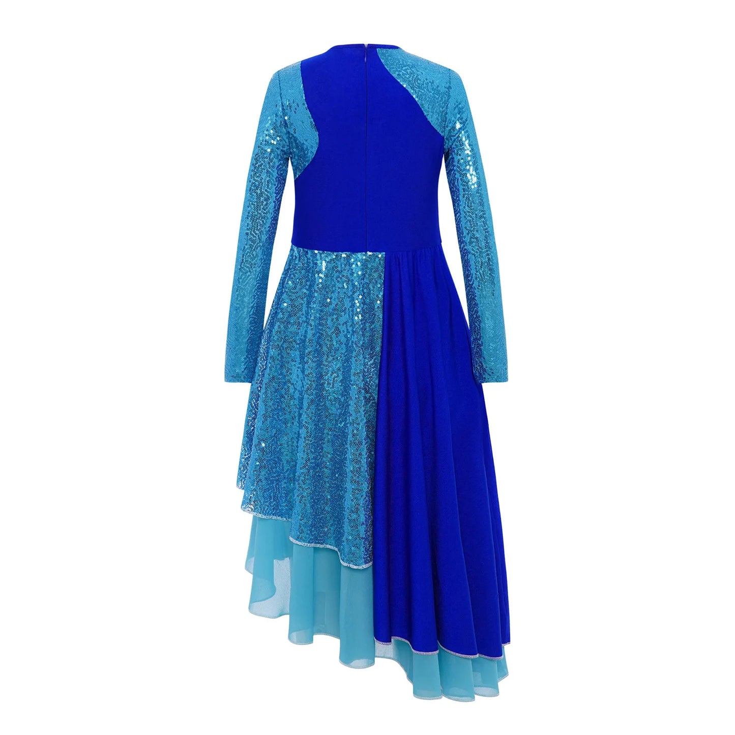 Vibrant Two-Tone Dance Dress with Sheer Lace Sleeves – Asymmetric Pink & Purple Gowns for Stage, Ballroom, and Showcases