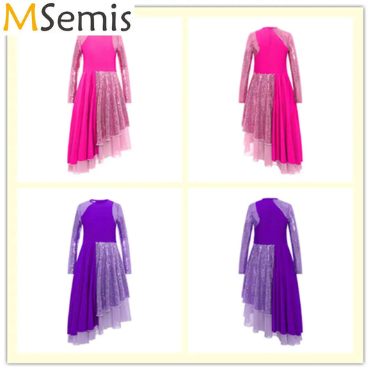 Vibrant Two-Tone Dance Dress with Sheer Lace Sleeves – Asymmetric Pink & Purple Gowns for Stage, Ballroom, and Showcases