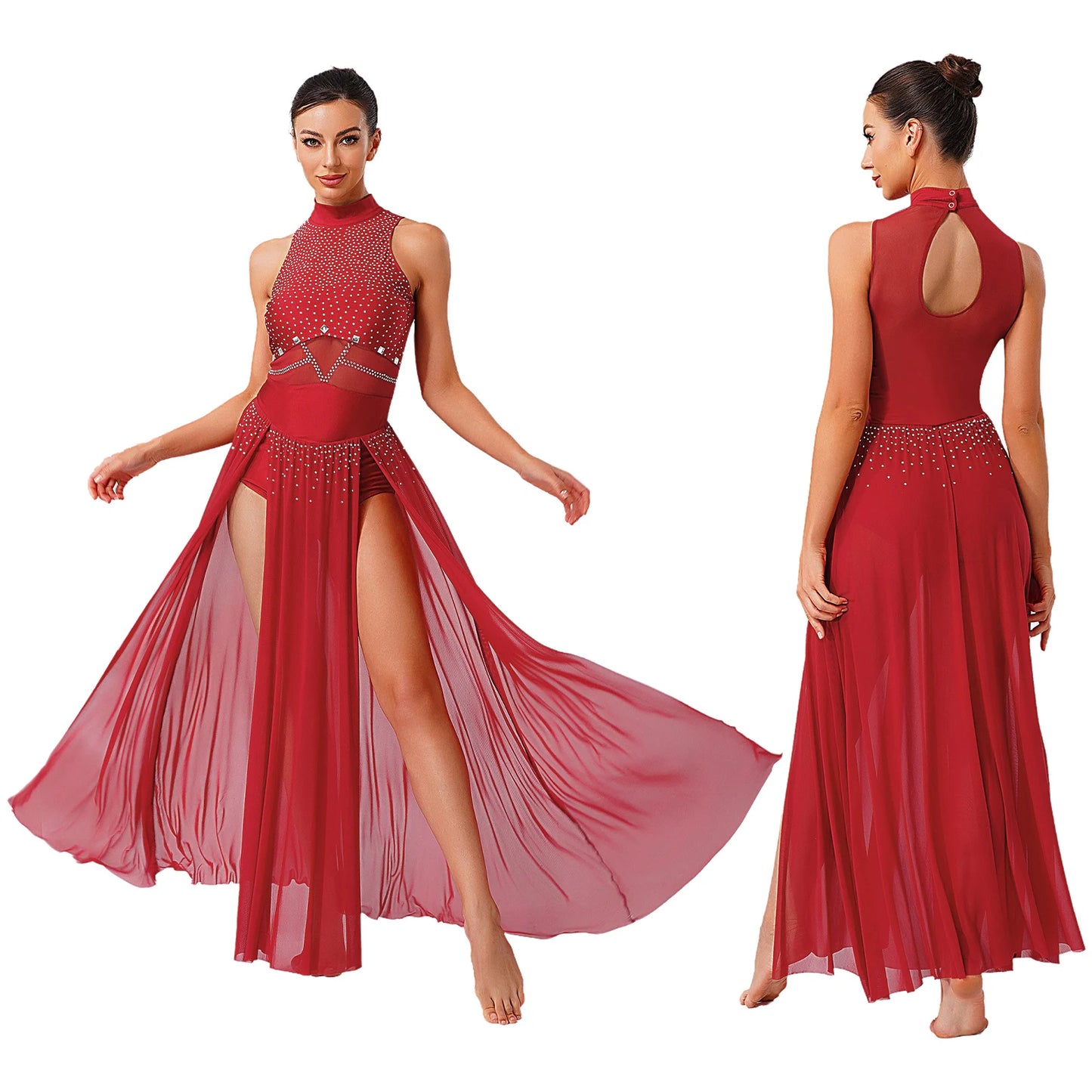 Womens Ballet Lyrical Dance Costumes Sequin Mesh Tulle Flowy Maxi Long Dress Built-In Briefs Morden Contemporary Dancewear