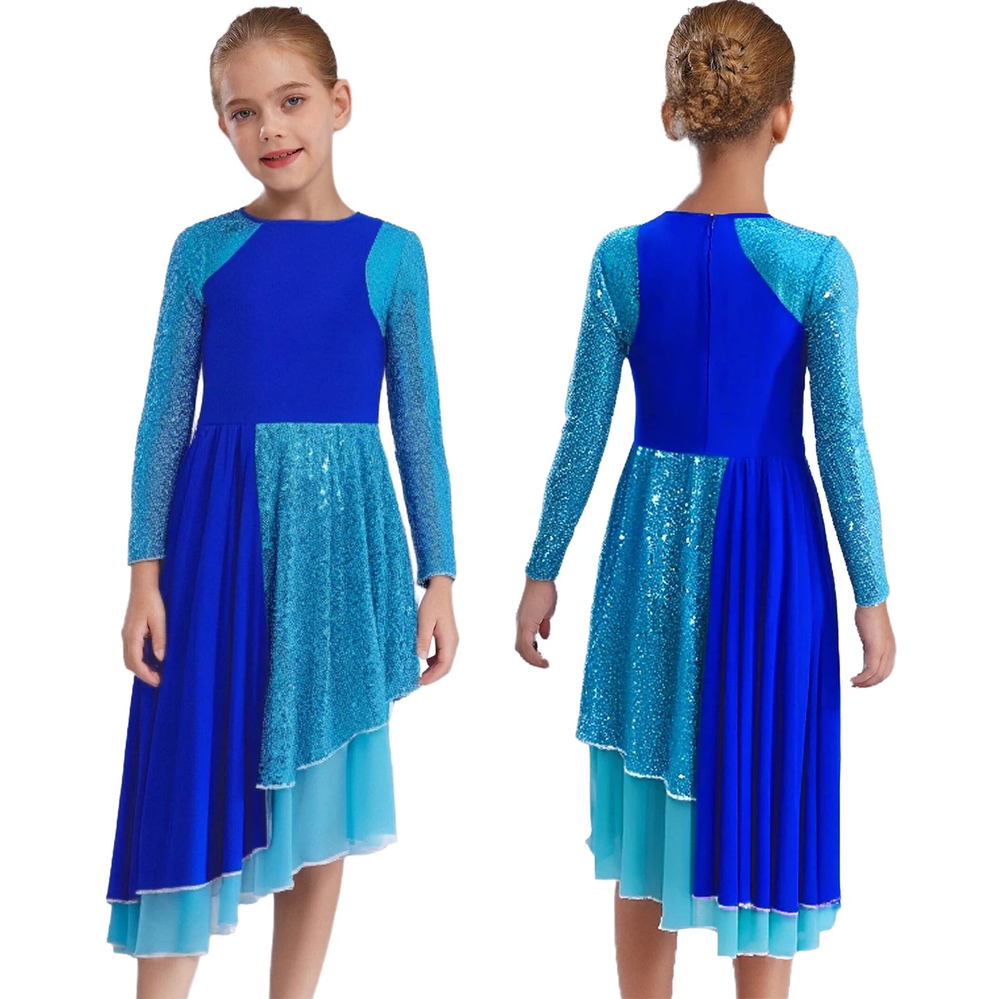 Vibrant Two-Tone Dance Dress with Sheer Lace Sleeves – Asymmetric Pink & Purple Gowns for Stage, Ballroom, and Showcases