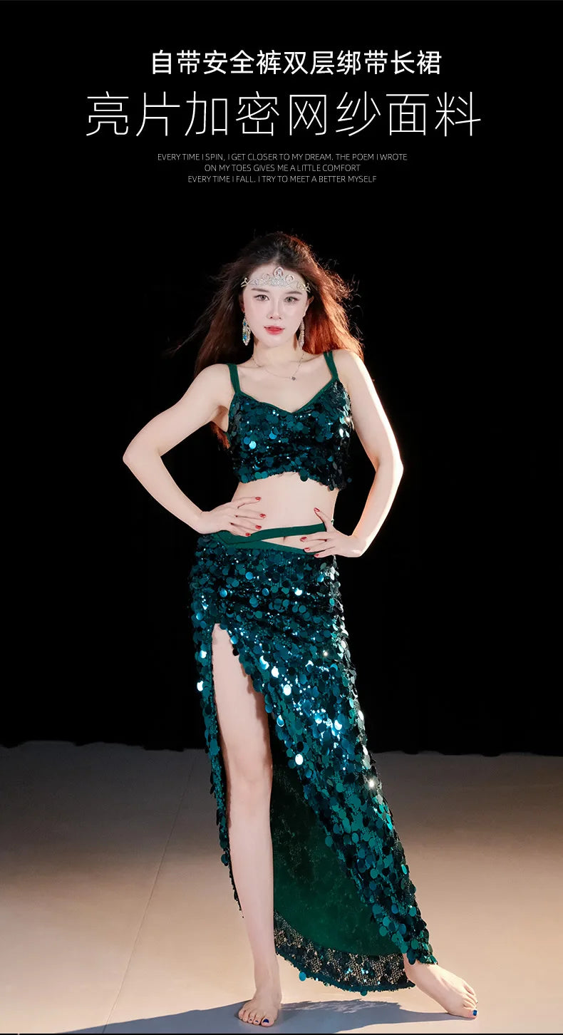 Emerald Green Sequin Skirt with Matching Crop Top – Sparkling Dance Dress, Stage Performance Gown, Ethereal Evening Ensemble