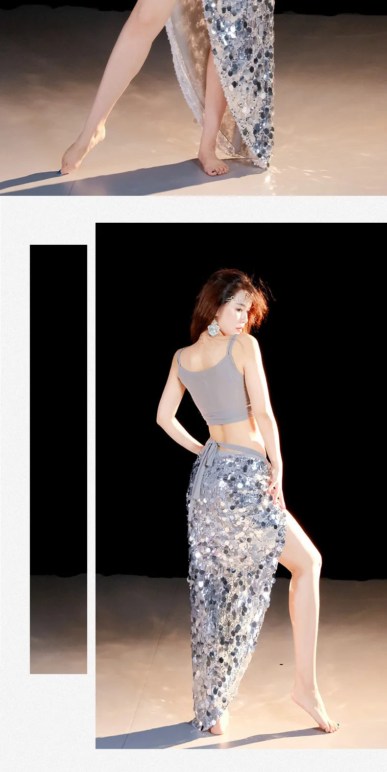 Emerald Green Sequin Skirt with Matching Crop Top – Sparkling Dance Dress, Stage Performance Gown, Ethereal Evening Ensemble