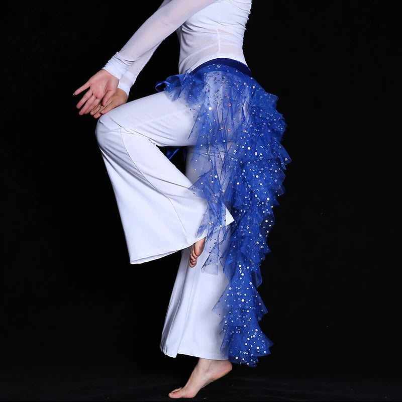 Women's Belly Dance Mesh Sequins Hip Scarf Wrap Skirts High Low Ruffle Mesh Waist Chain Belt Party Dance Costume Accessories