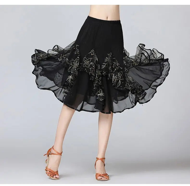 Square Dance/National Standard Modern Social Dance Big Swing Skirt Embroidered Square Dance Half Body Skirt Waltz Dance Skirt