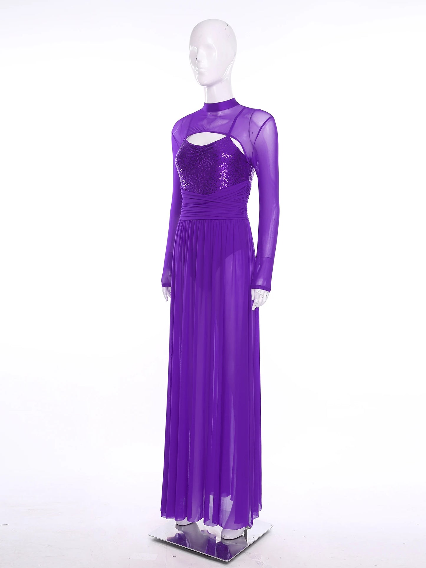 Womens Ballet Lyrical Dance Costumes Sequin Mesh Tulle Flowy Maxi Long Dress Built-In Briefs Morden Contemporary Dancewear