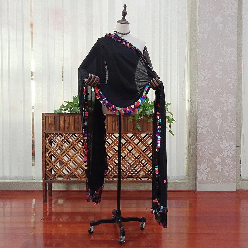 Vibrant Red Drape Shawl with Multicolor Pom-Pom Trim – Flowing Dance Cape, Festival Shawl, Decorative Red Drapery for Stage & Fashion