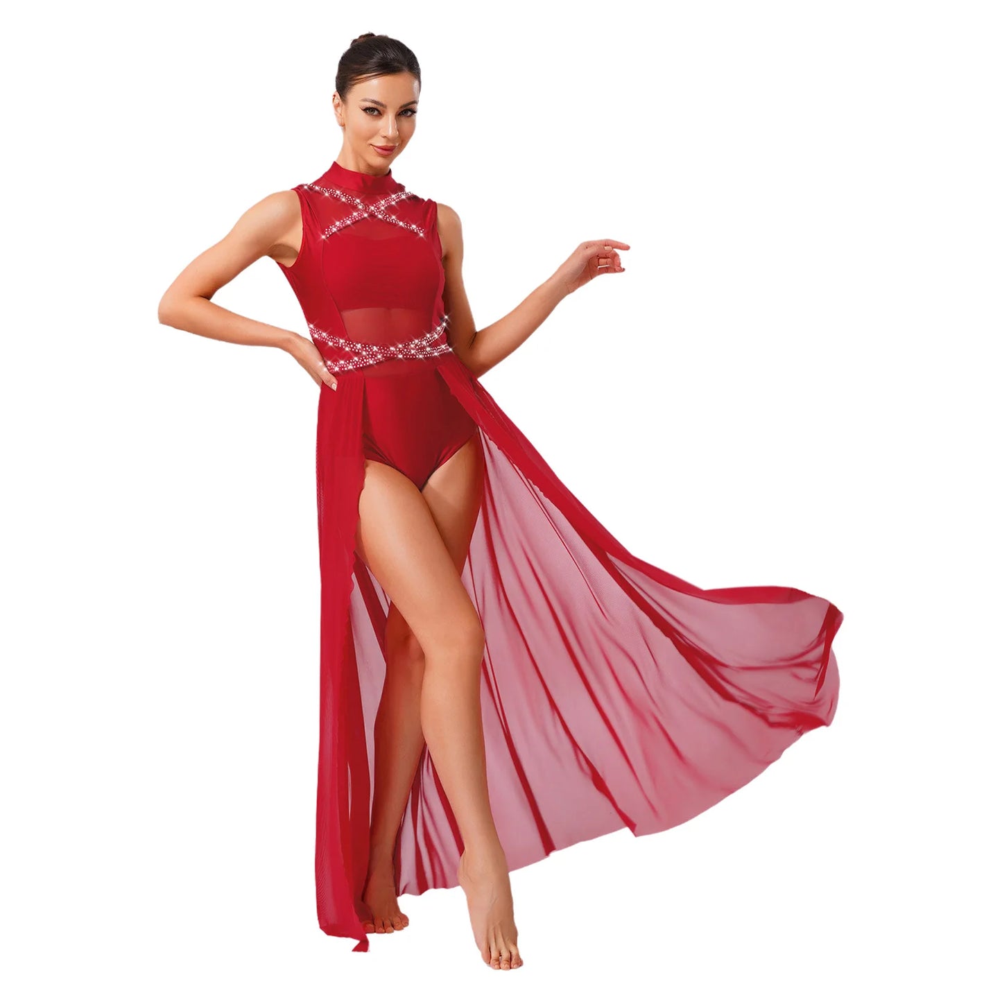 Womens Ballet Lyrical Dance Costumes Sequin Mesh Tulle Flowy Maxi Long Dress Built-In Briefs Morden Contemporary Dancewear