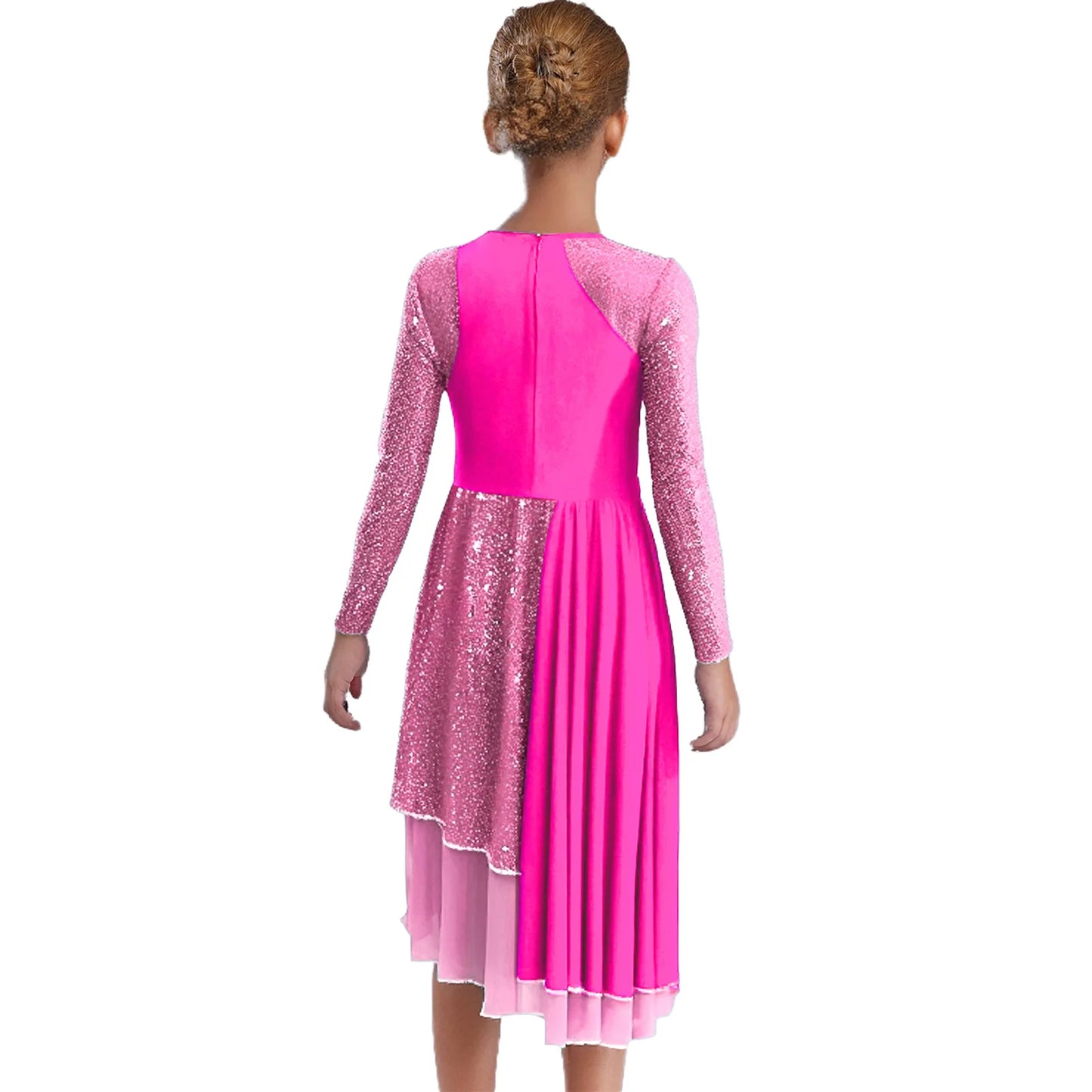 Vibrant Two-Tone Dance Dress with Sheer Lace Sleeves – Asymmetric Pink & Purple Gowns for Stage, Ballroom, and Showcases