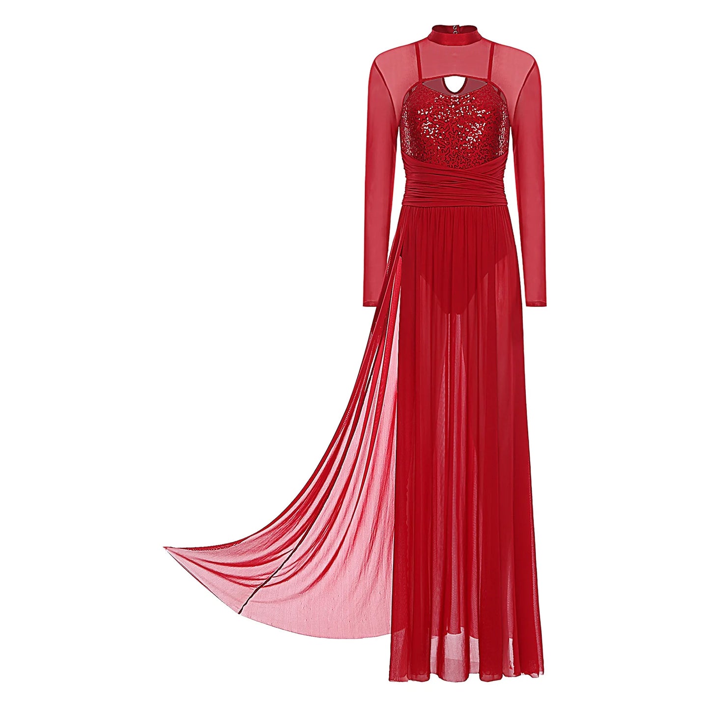 Womens Ballet Lyrical Dance Costumes Sequin Mesh Tulle Flowy Maxi Long Dress Built-In Briefs Morden Contemporary Dancewear