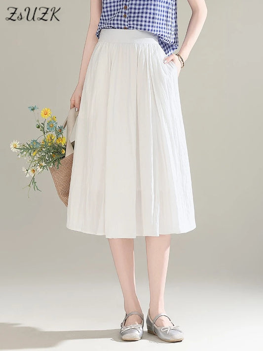 ZUZK French White Midi Skirt For Women 2025 Summer Thin New Medium Long Comfortable Cool A-line Skirt Casual Skirt