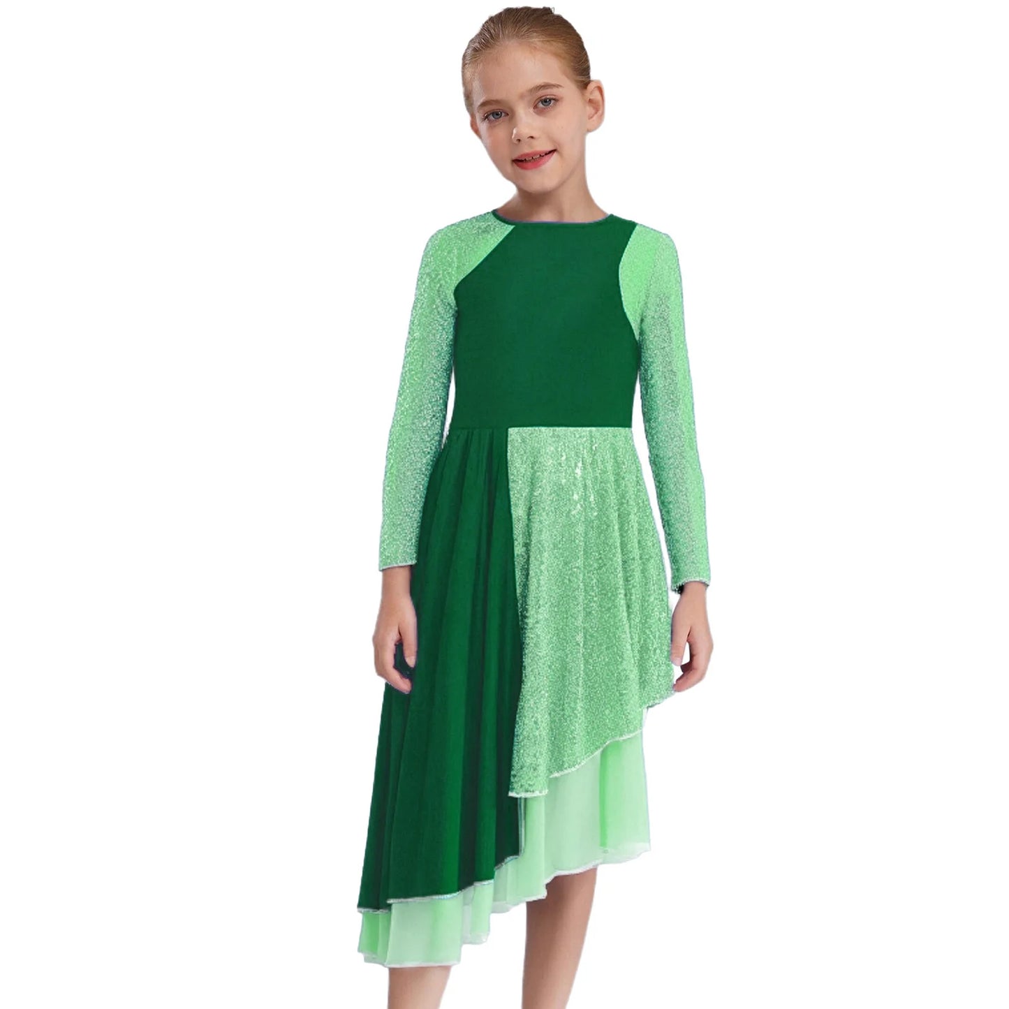 Vibrant Two-Tone Dance Dress with Sheer Lace Sleeves – Asymmetric Pink & Purple Gowns for Stage, Ballroom, and Showcases
