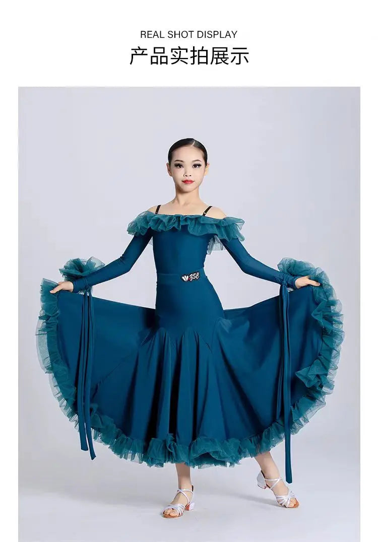 Customized Modern Dance Dress for Girls Kid's National Standard Dance Waltz Professional Competition Regulations Practice Skirt