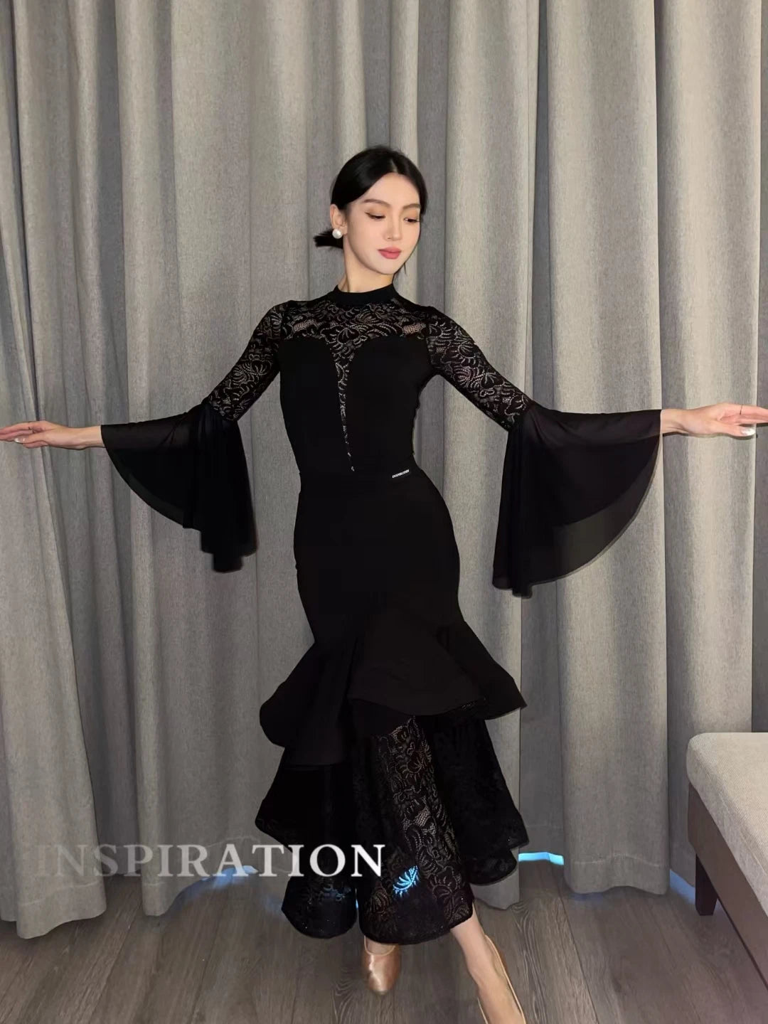 2024 Ballroom Dance Clothes Women Black Lace Tops Fishbone Skirt Long Sleeves Competition Dress Adult Waltz Dance Costume L13955