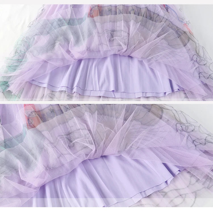 TFETTERS Pink Tulle Skirt Women Casual Graffiti Print Pleated Midi Skirt 2025 Spring and Summer Korean Fashion Women Clothing