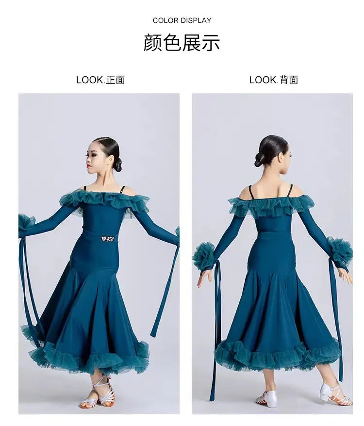 Customized Modern Dance Dress for Girls Kid's National Standard Dance Waltz Professional Competition Regulations Practice Skirt