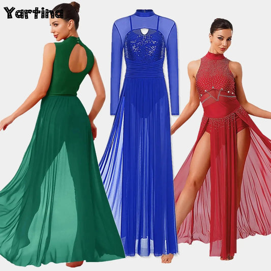 Womens Ballet Lyrical Dance Costumes Sequin Mesh Tulle Flowy Maxi Long Dress Built-In Briefs Morden Contemporary Dancewear