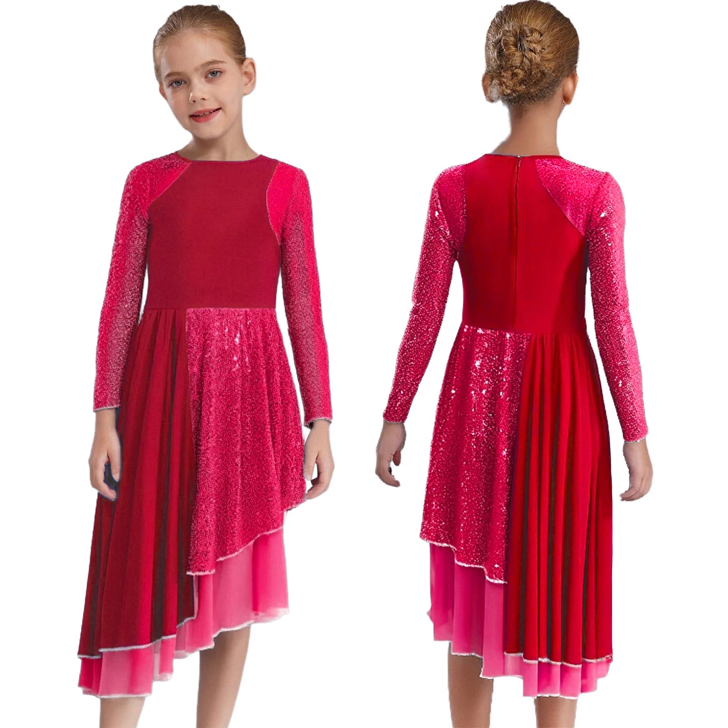 Vibrant Two-Tone Dance Dress with Sheer Lace Sleeves – Asymmetric Pink & Purple Gowns for Stage, Ballroom, and Showcases