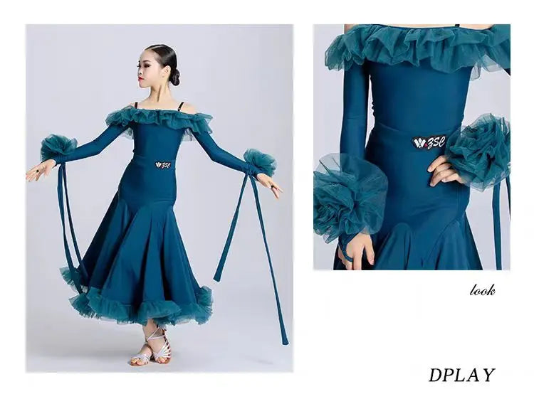 Customized Modern Dance Dress for Girls Kid's National Standard Dance Waltz Professional Competition Regulations Practice Skirt