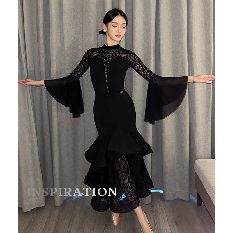 2024 Ballroom Dance Clothes Women Black Lace Tops Fishbone Skirt Long Sleeves Competition Dress Adult Waltz Dance Costume L13955