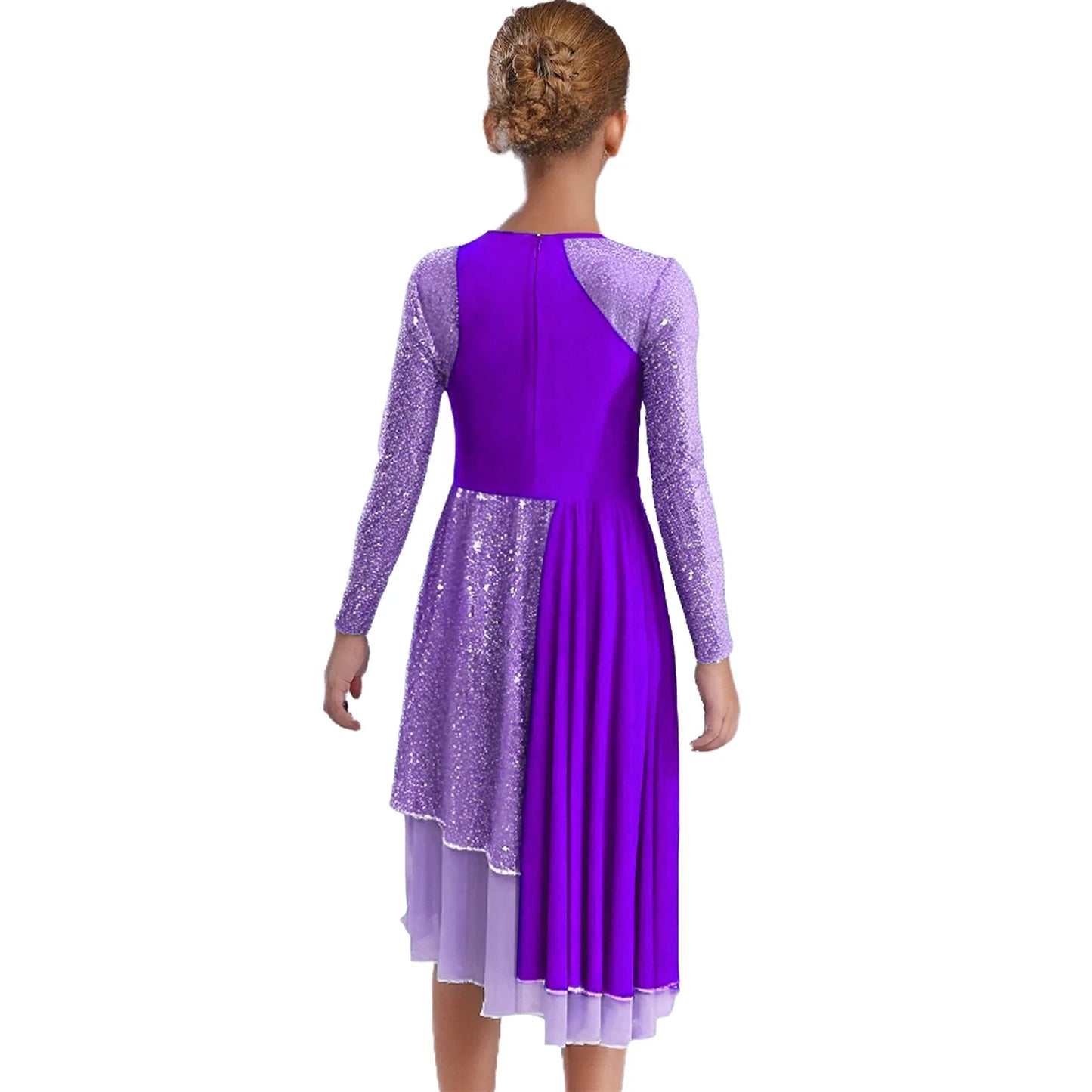 Vibrant Two-Tone Dance Dress with Sheer Lace Sleeves – Asymmetric Pink & Purple Gowns for Stage, Ballroom, and Showcases