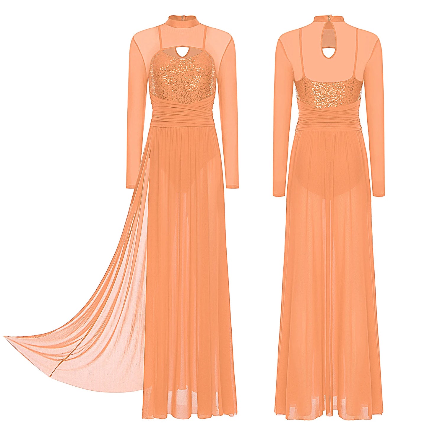 Womens Ballet Lyrical Dance Costumes Sequin Mesh Tulle Flowy Maxi Long Dress Built-In Briefs Morden Contemporary Dancewear
