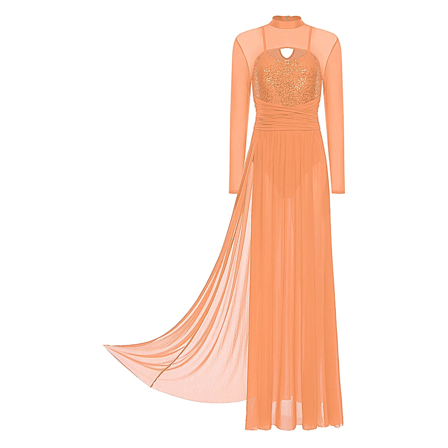 Womens Ballet Lyrical Dance Costumes Sequin Mesh Tulle Flowy Maxi Long Dress Built-In Briefs Morden Contemporary Dancewear