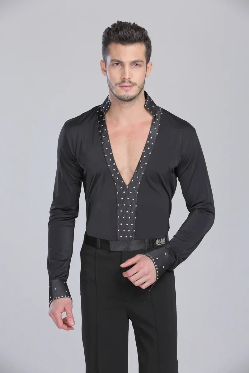 Men Latin Waltz Ballroom Dance Long Shirt Black White V-Neck Lace Leotard Bodysuit Cha-Cha Tango Rumba Dance Performance Shirts