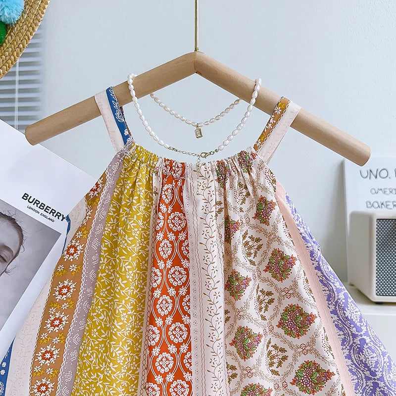 Girls Casual Dresses Vintage Print Sleeveless Halter Dress Kids Clothes Girls Flower Girl Dresses for Weddings for 2 To 7 Years