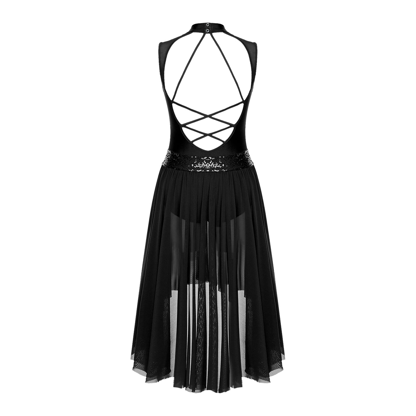 Navy Blue Sequin Bodice with Sheer Mesh Skirt – Dance Dress with Criss-Cross Back, Ballroom & Party Gown