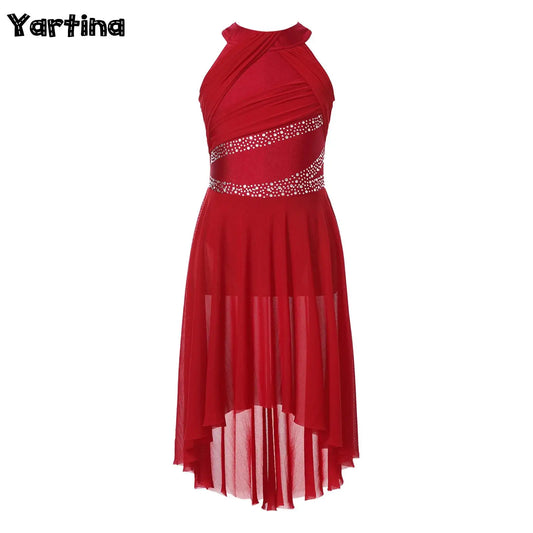Kids Girls Rhythmic Gymnastics Ballet Lyrical Latin Dance Costume Rhinestone Ruched Leotard Waltz Tango Ballet Jersey Dresses