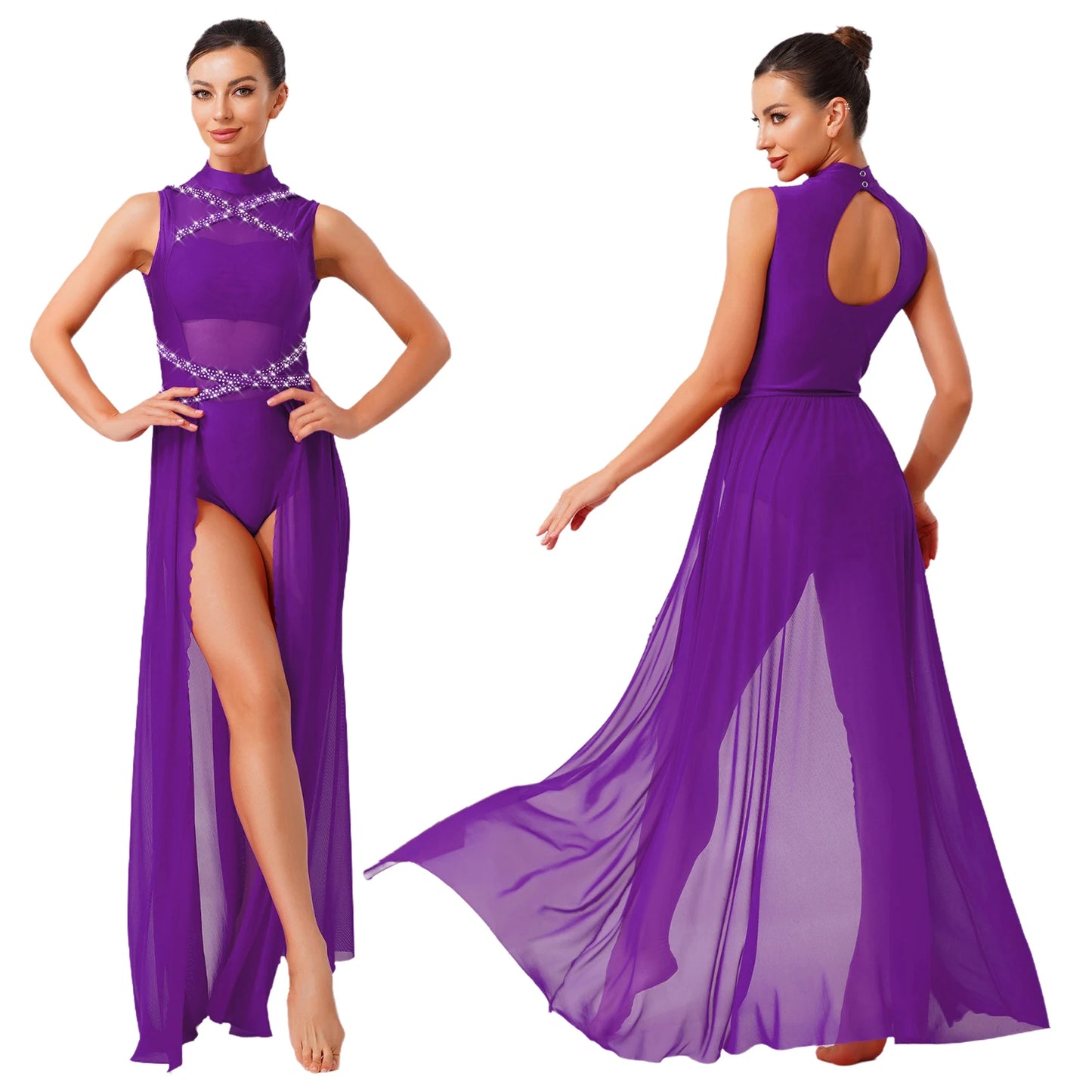 Womens Ballet Lyrical Dance Costumes Sequin Mesh Tulle Flowy Maxi Long Dress Built-In Briefs Morden Contemporary Dancewear