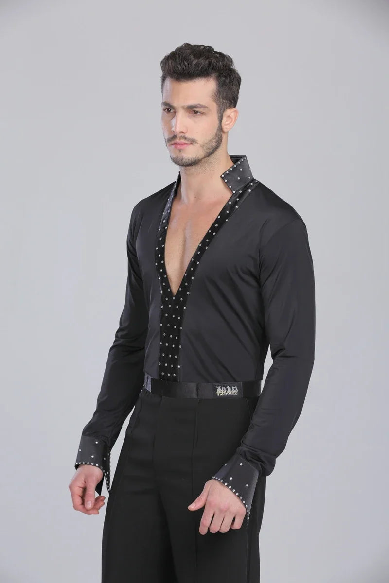 Men Latin Waltz Ballroom Dance Long Shirt Black White V-Neck Lace Leotard Bodysuit Cha-Cha Tango Rumba Dance Performance Shirts
