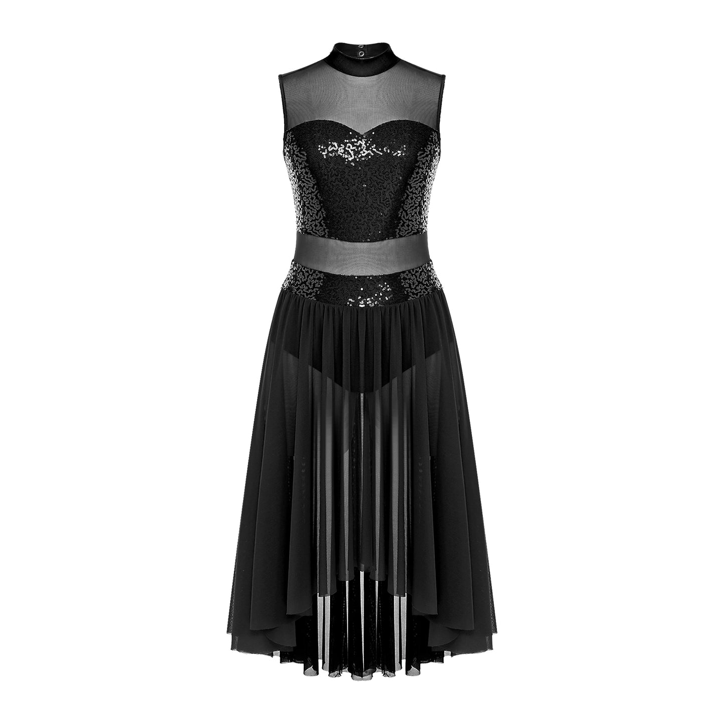 Navy Blue Sequin Bodice with Sheer Mesh Skirt – Dance Dress with Criss-Cross Back, Ballroom & Party Gown