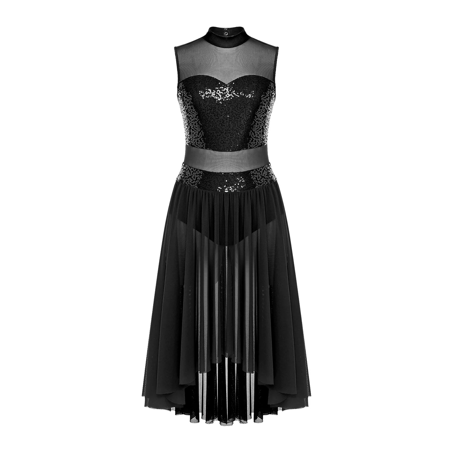Navy Blue Sequin Bodice with Sheer Mesh Skirt – Dance Dress with Criss-Cross Back, Ballroom & Party Gown