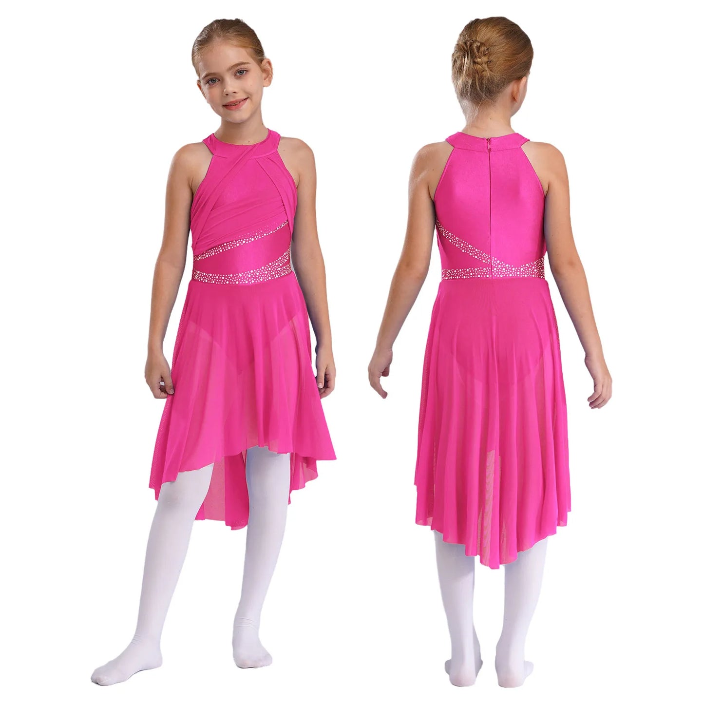 Kids Girls Rhythmic Gymnastics Ballet Lyrical Latin Dance Costume Rhinestone Ruched Leotard Waltz Tango Ballet Jersey Dresses