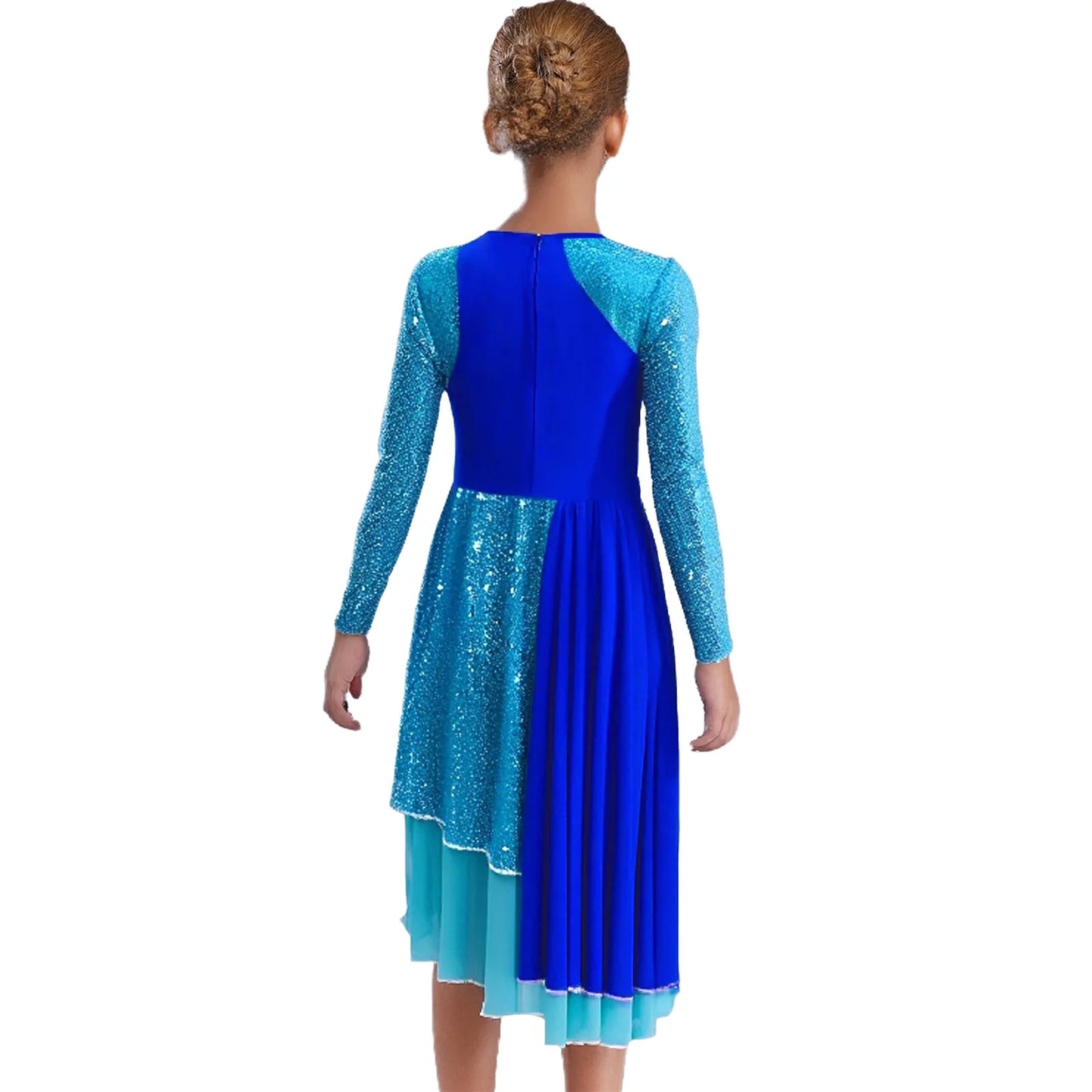 Vibrant Two-Tone Dance Dress with Sheer Lace Sleeves – Asymmetric Pink & Purple Gowns for Stage, Ballroom, and Showcases