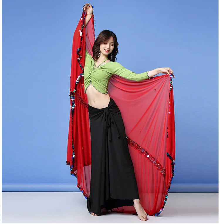 Vibrant Red Drape Shawl with Multicolor Pom-Pom Trim – Flowing Dance Cape, Festival Shawl, Decorative Red Drapery for Stage & Fashion