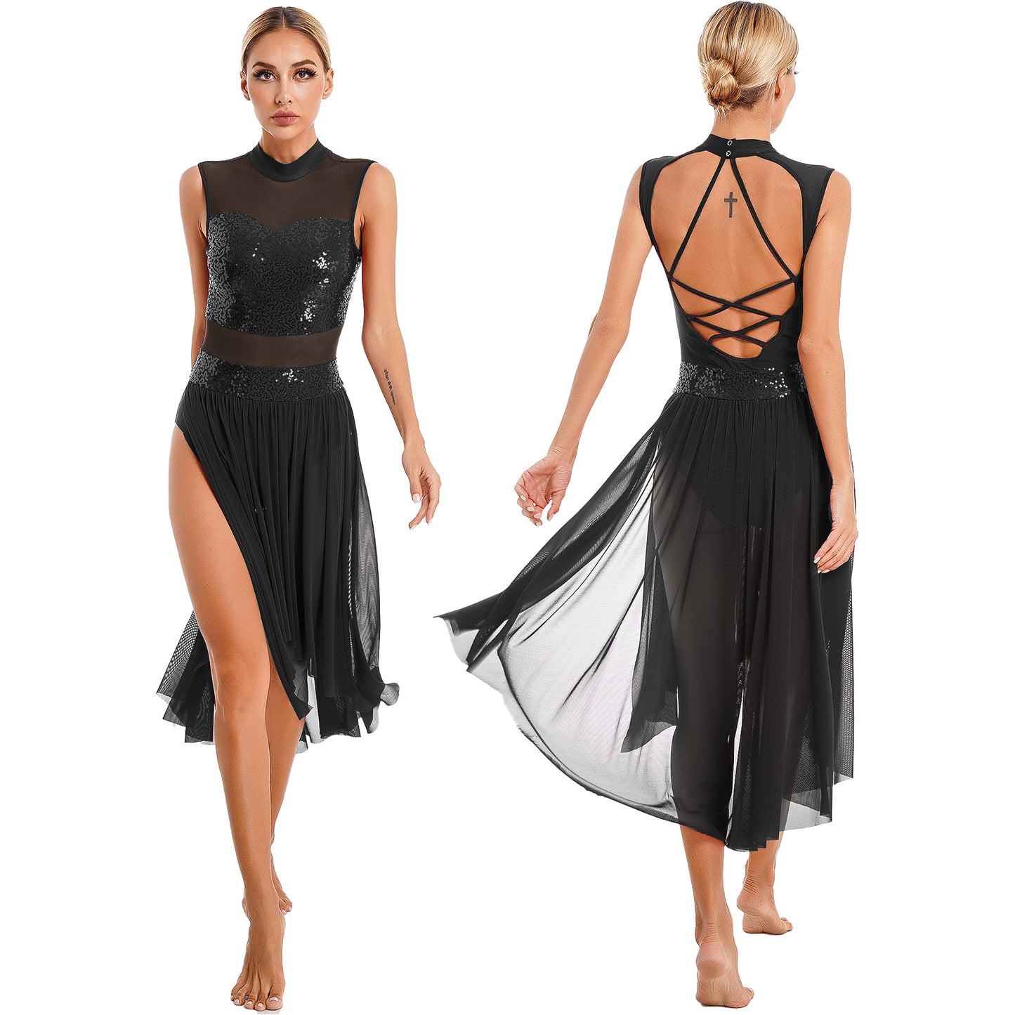 Navy Blue Sequin Bodice with Sheer Mesh Skirt – Dance Dress with Criss-Cross Back, Ballroom & Party Gown