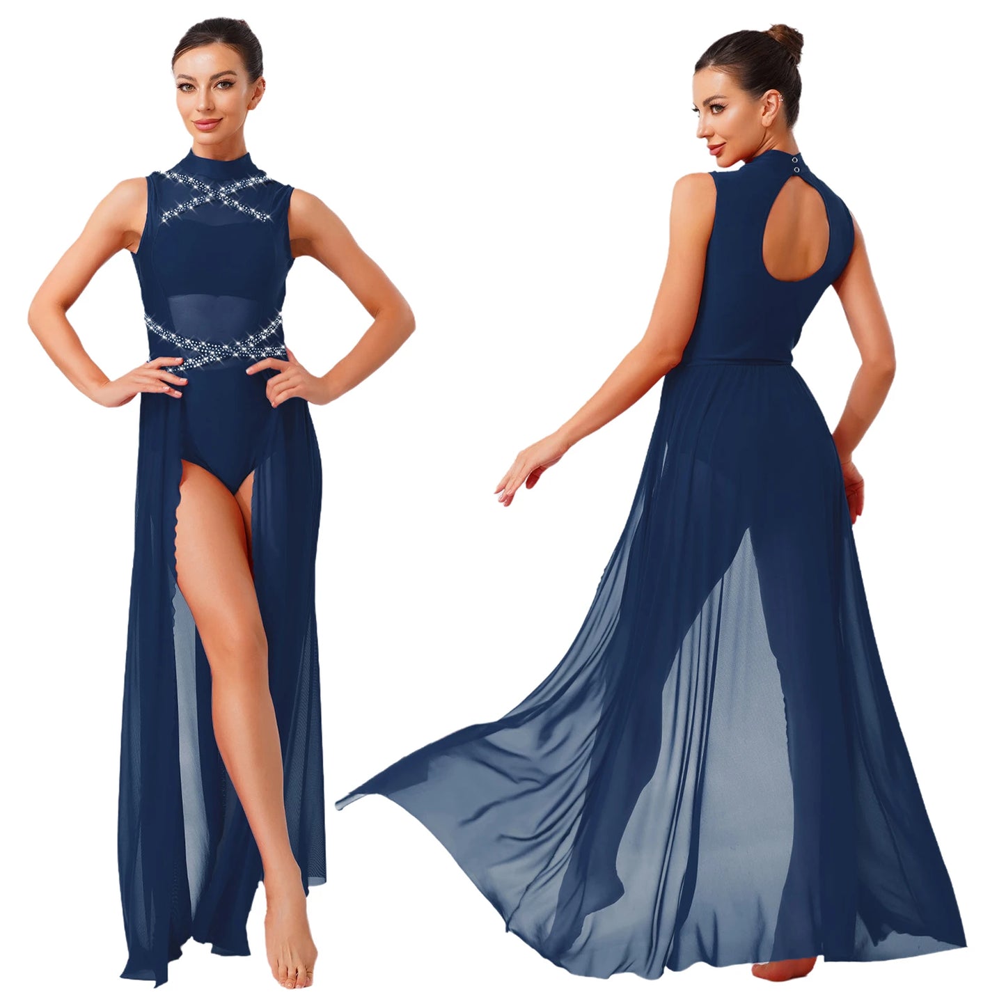 Womens Ballet Lyrical Dance Costumes Sequin Mesh Tulle Flowy Maxi Long Dress Built-In Briefs Morden Contemporary Dancewear