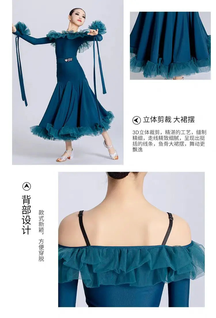 Customized Modern Dance Dress for Girls Kid's National Standard Dance Waltz Professional Competition Regulations Practice Skirt